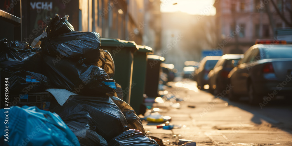 Obraz premium Overflowing garbage can in an urban area. Mess and trash on the street near rubbish container bin. Continual challenge of waste management in city environments.