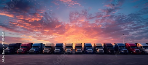 Semi trucks car vehicle parked in outdoor garage under evening sky. Generated AI image photo