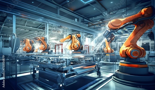 High-tech industrial factory, modern machinery, robotic automation, mechanical assembly, automotive manufacturing equipment in futuristic setting © Minhas
