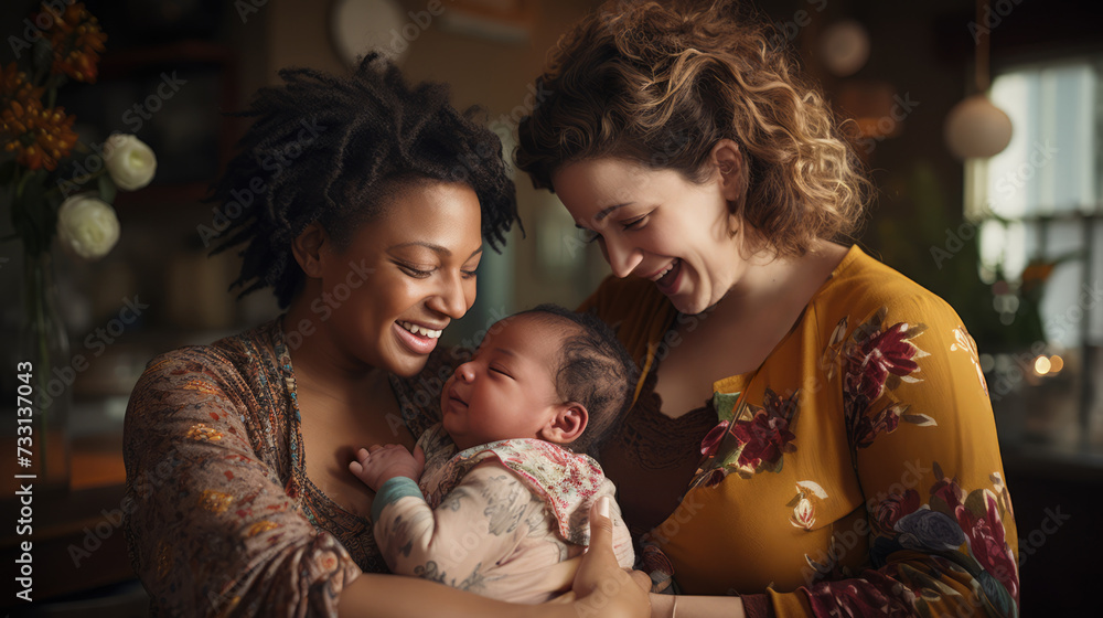 LGBTQ mothers. Caucasian and african american female lesbian couple hugging newborn baby