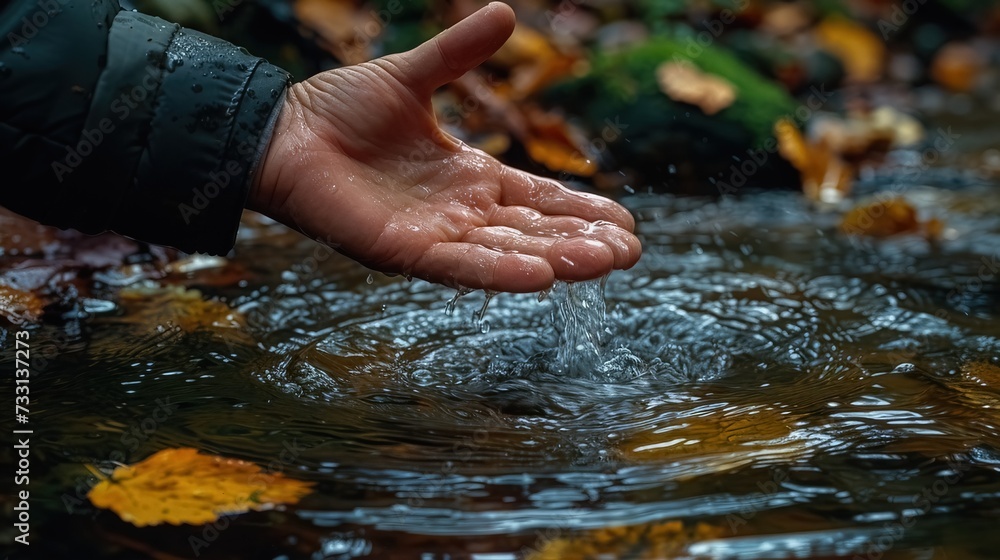 A gentle hand delicately touches the flowing river water
A gentle hand delicately touches the flowing river water