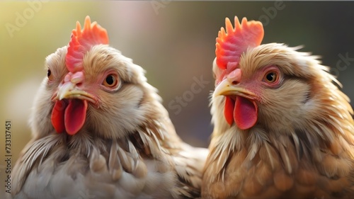 Close up portrait of a rooster and hen on the farm. © AGORA