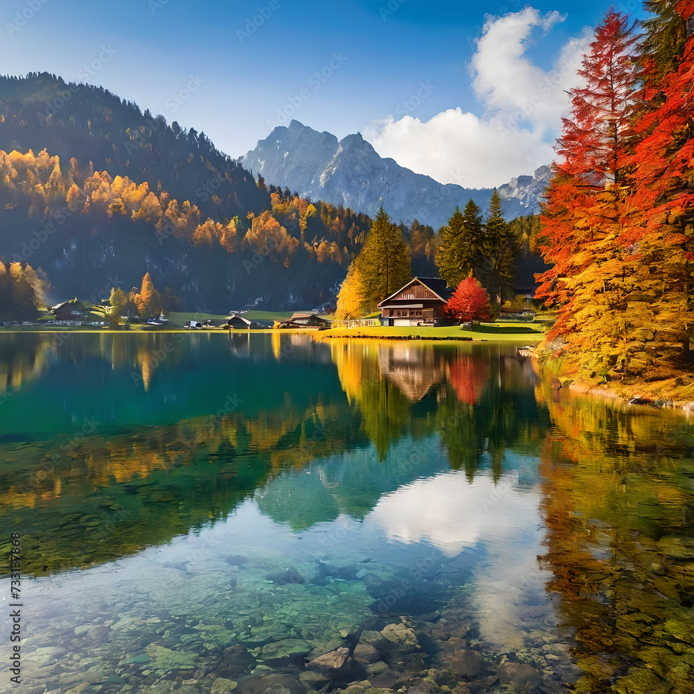 Fototapeta premium beautiful autumn scene of hinter see lake colorful morning view of Bavarian alps on the Austrian bor.