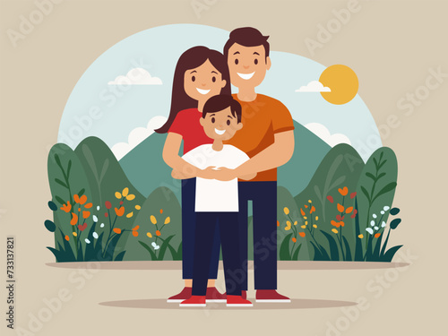 Familly outdoor in nature. Hugging. Son, mother and father. Happy, hiking, walking in a park. Simple flat designF. Nature background. Hills flowers, trees. Happy family, love, time together. 

