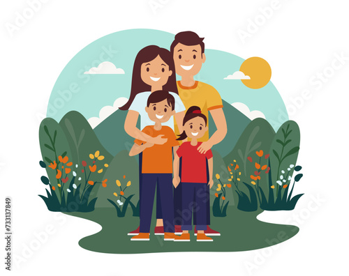 Familly outdoor in nature. Hugging. Son, daughter mother and father. Happy, hiking, walking in a park. Simple flat design. White background. Isolated background.

