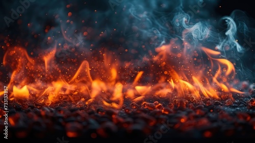 Fiery flames and billowing smoke emerge from a charcoal grill, prepared for a barbecue
 photo