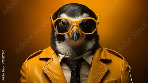 A dapper penguin stands tall in a sleek blazer and fashionable eyeglasses against a solid yellow background. The high-definition camera captures its modern and refined fashion choices  ©  ALLAH LOVE