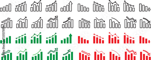 business analytics charts and bars going up and down with businesses rise and down in bull and bear market icon collection with editable stroke