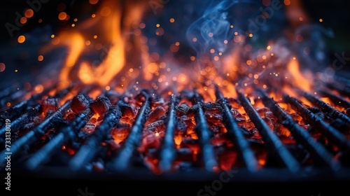 The hot charcoal grill, with flames and smoke rising, getting ready for barbecuing
