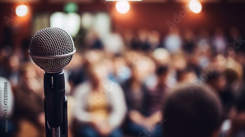 Close-up of a microphone in front of a blurred background audience with copy space. Concert, Presentation, Business seminar concepts.