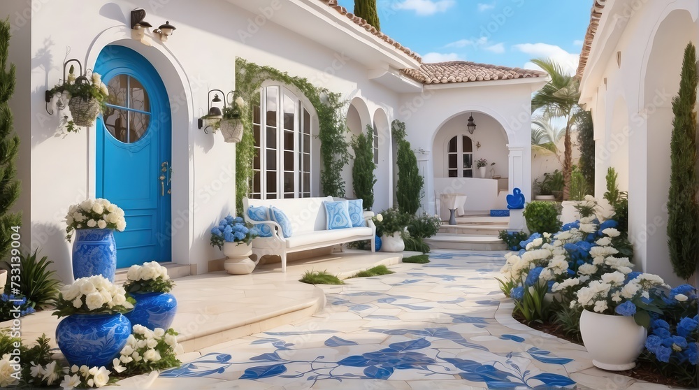Obraz premium Mediterranean house, home, room, pathway, sofa, furniture, photography backdrop, wedding backdrop, sofa, entrance, garden, flowers