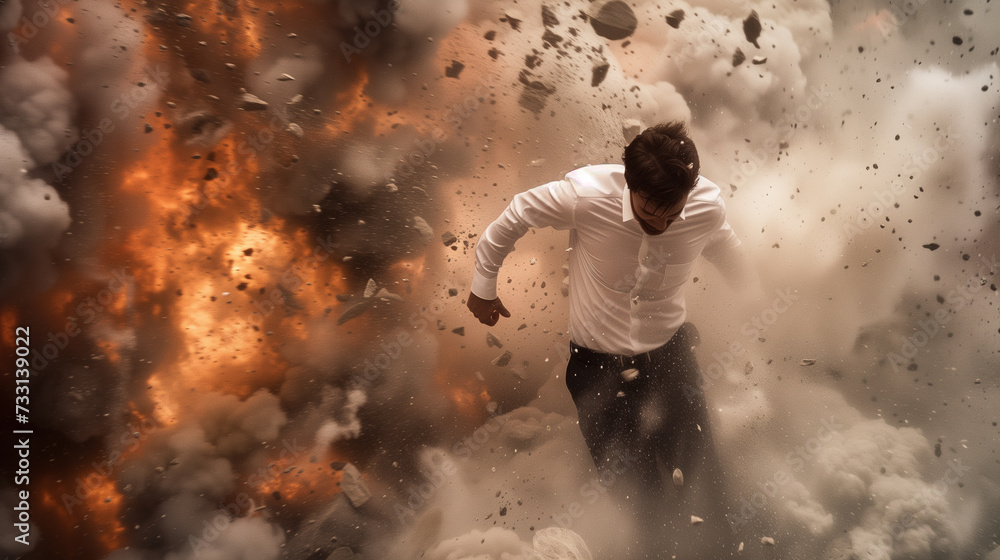 Dramatic Image of Man Running from Explosion and Debris in Urban Setting