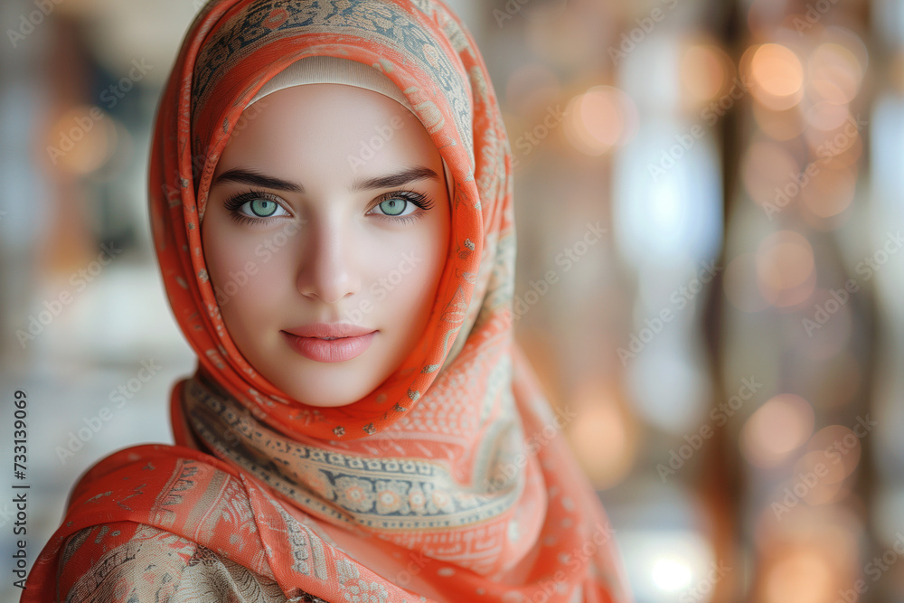 Portrait of young beautiful muslim woman in hijab.