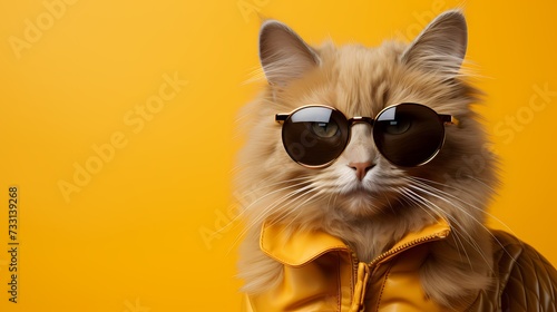 A fashionable cat showcases its individuality in a vibrant outfit and stylish glasses against a solid bright yellow background. Its unique style and cute demeanor make it a standout 