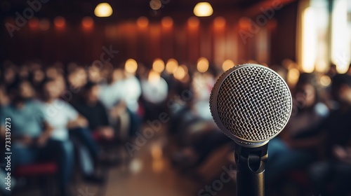 Close-up of a microphone in front of a blurred background audience with copy space. Concert, Presentation, Business seminar concepts.