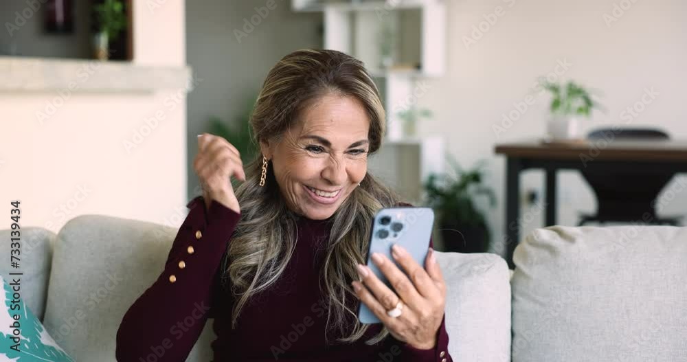 Elderly Mexican woman sit on sofa at home with cellphone, read message, receive great news, get prize reward in web lottery, feels happy, screams, celebrate victory. Success, commercial offer, new app Elderly Mexican woman sit on sofa at home with cellphone, read message, receive great news, get prize reward in web lottery, feels happy, screams, celebrate victory. Success, commercial offer, new app