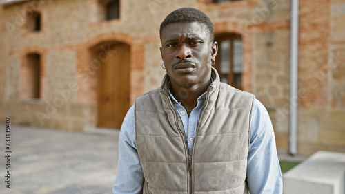 Obraz na plátně Portrait of a confident african man standing alone on an urban street with a blurred city background