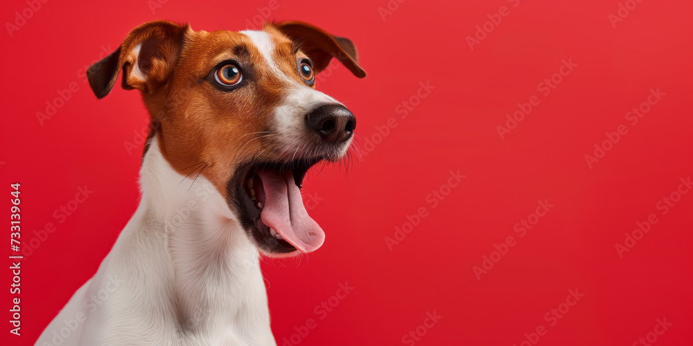 Surprised shocked dog with open mouth and big eyes isolated on flat solid background.