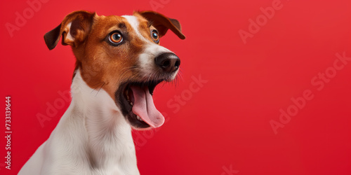 Surprised shocked dog with open mouth and big eyes isolated on flat solid background. © MNStudio