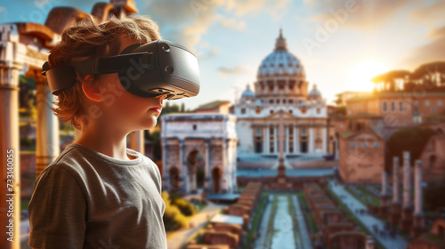 School child wearing virtual reality glasses is studying history with Sights of Ancient Rome in his glasses. Concept of the virtual reality in school education