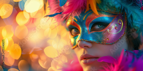 Beautiful young woman with creative make-up wearing multicolored carnival mask with feathers. Girl wearing costume celebrating carnival. Bokeh lights in background.