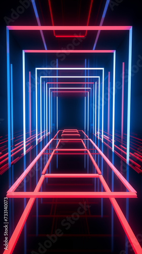 Abstract Neon Light Tunnel with Red and Blue Lines