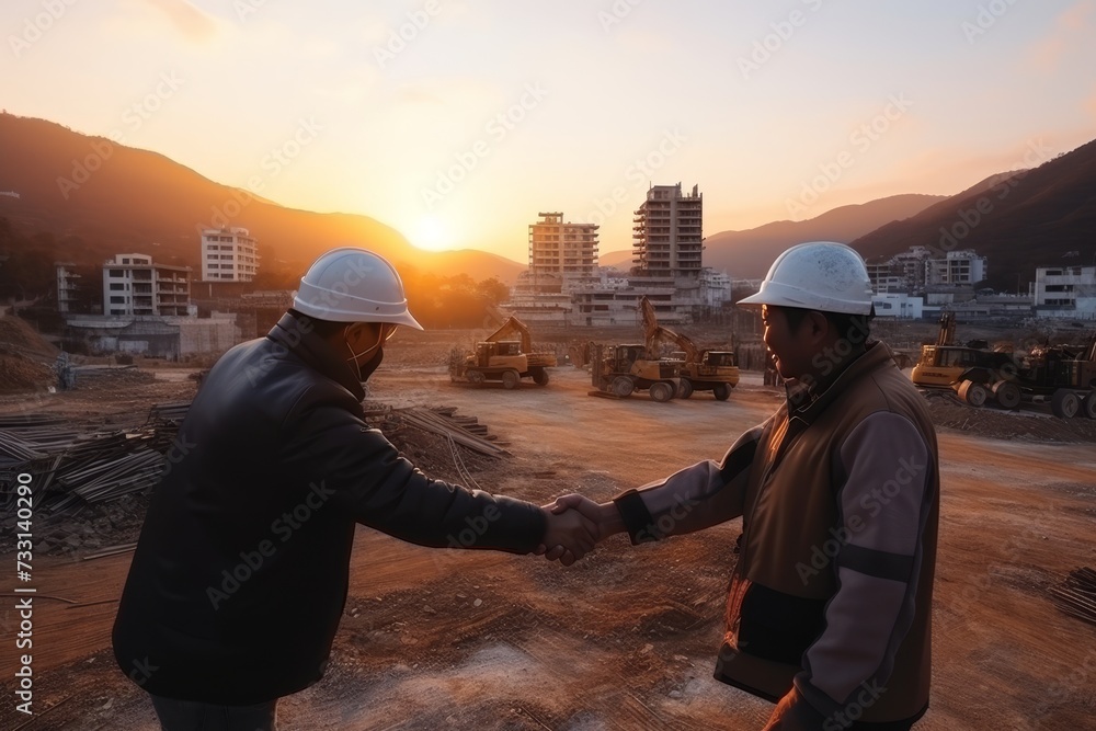 architects handshake and discussing plans at construction site