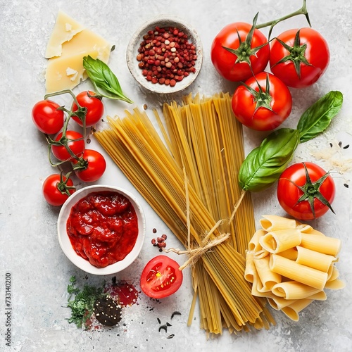 Pasta ingredients background. Pasta, tomato sauce, fresh tomatoes, parmesan, herbs and spices at white kitchen table
