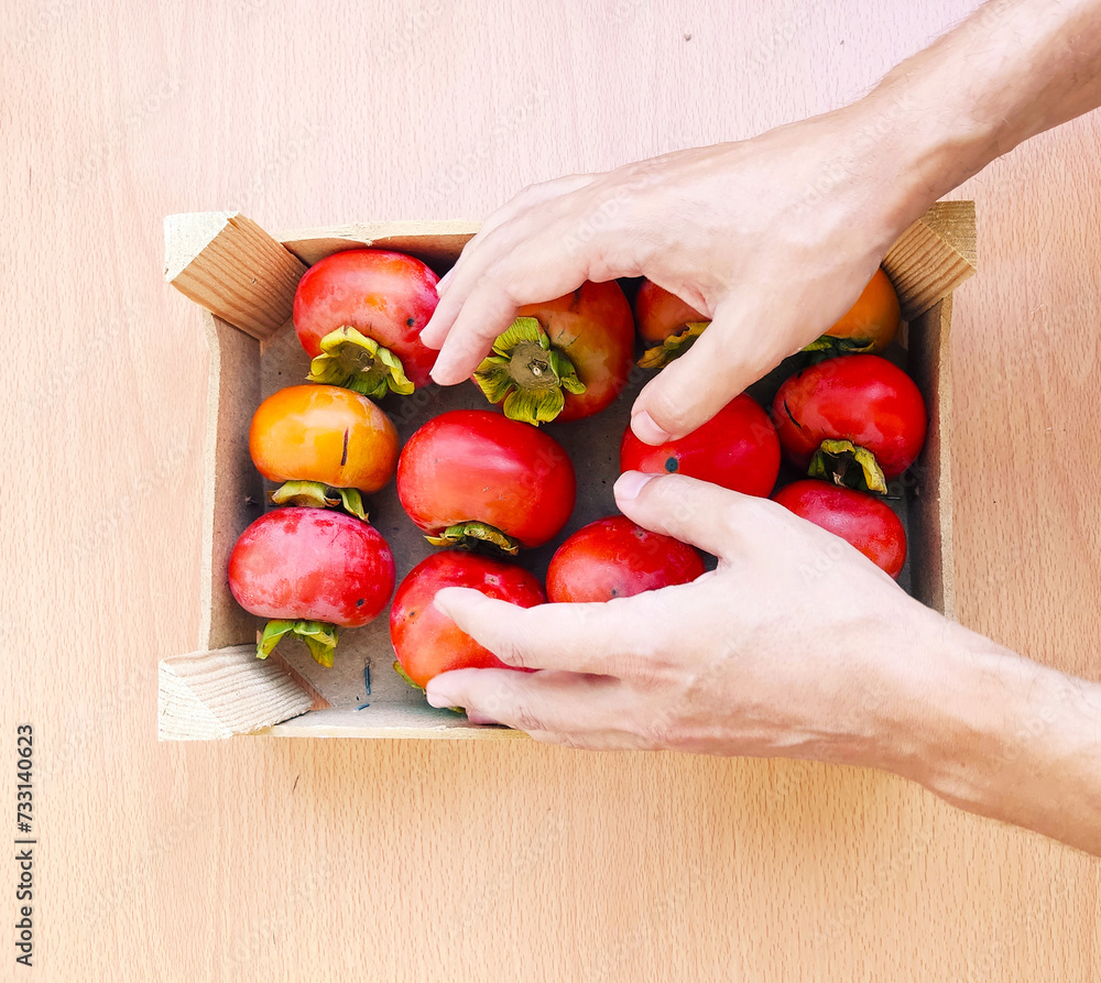 Close up man hands hold a wooden box with organic persimmons. Close up man hands hold a wooden box with organic persimmons.