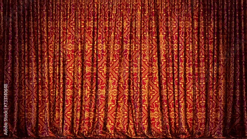 Realistic 3D animation of the luxurious textured red curtain with golden crosses royal ornament rendered in UHD with alpha matte