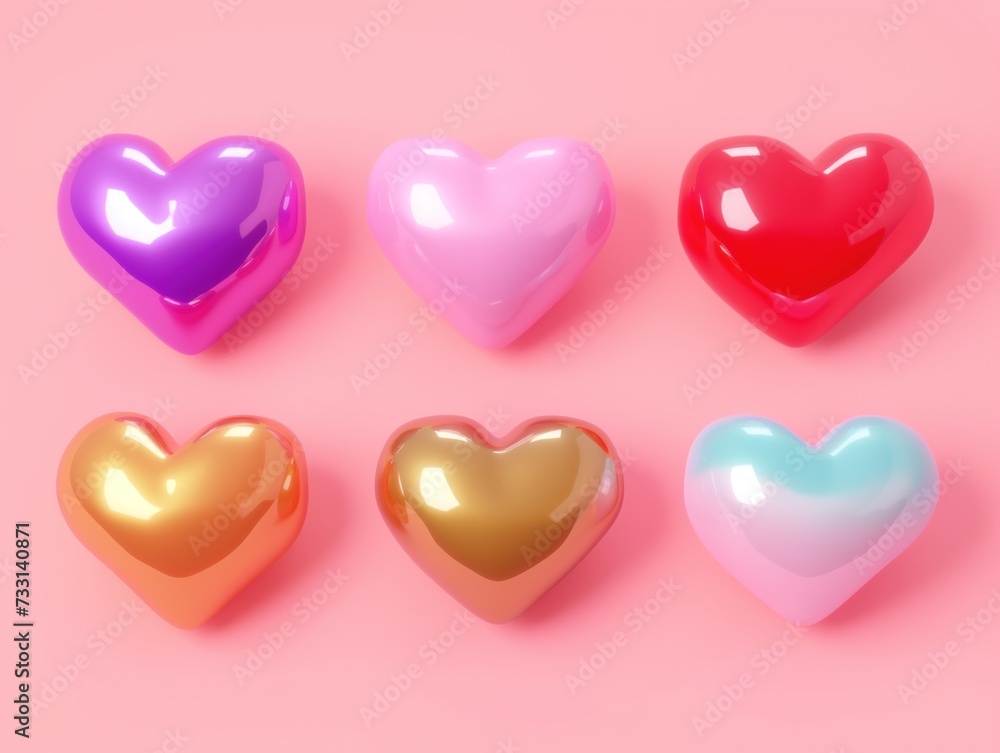 3d cartoon colorful heart shape toy collection, isolated on light pink background. Suitable for Valentine's Day and Mother's Day decoration