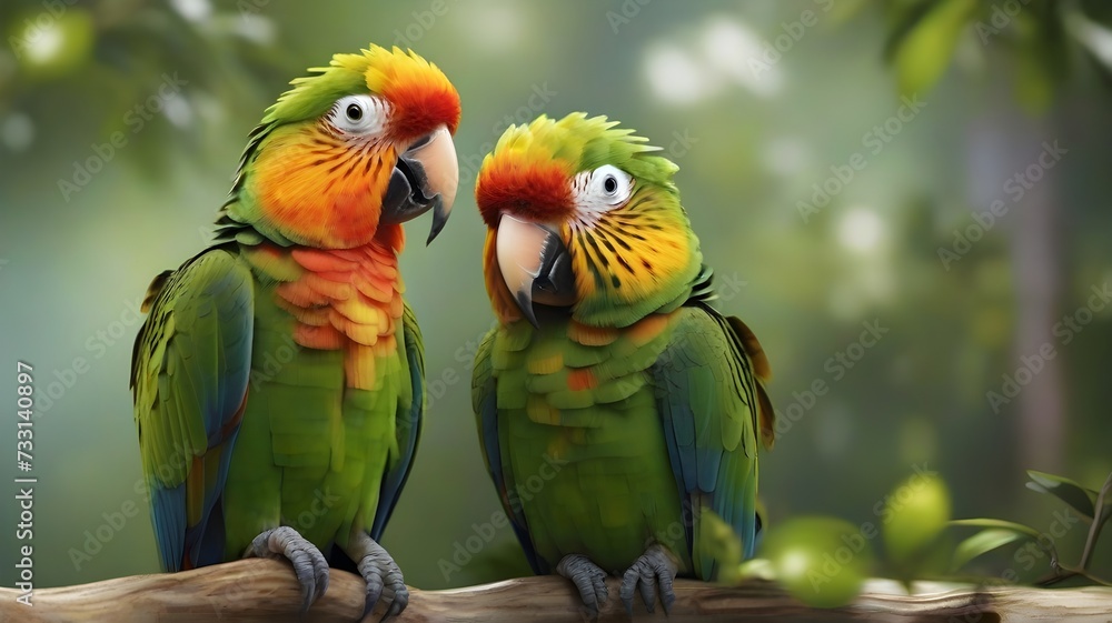Couple of colorful macaw parrots sitting on a branch.