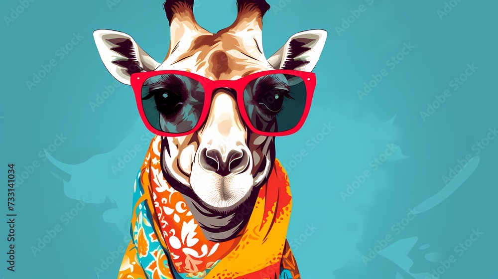 A fashionable giraffe donning a patterned scarf and oversized sunglasses