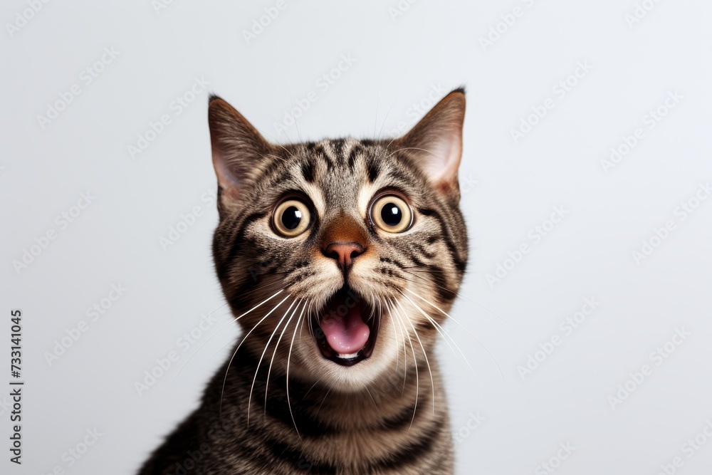 Surprised cat with wide eyes on white background in professional studio photoshoot