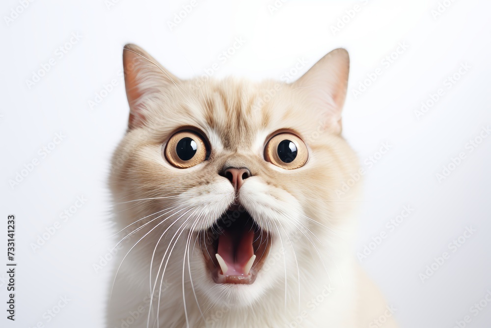 Close-up of astonished cat with wide eyes in studio photoshoot