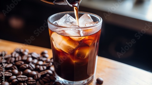 A coffee bean plunging into a cup of cold brew