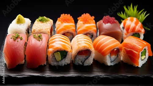 A colorful and artistic arrangement of fresh sushi