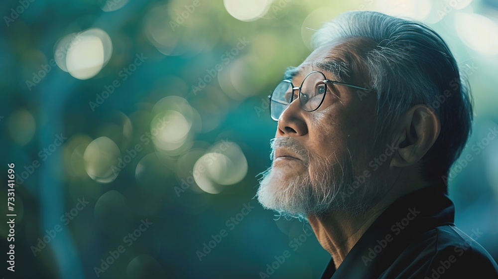 A thoughtful elder man gazes upwards, captured in a portrait with a bokeh background, expressing a lifestyle theme of wisdom and introspection, ideal for editorial use. A thoughtful elder man gazes upwards, captured in a portrait with a bokeh background, expressing a lifestyle theme of wisdom and introspection, ideal for editorial use.