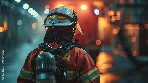 Back view of a firefighter in full gear amidst a hazy, illuminated setting, highlighting the theme of emergency services and heroism, suitable for training and informative content.