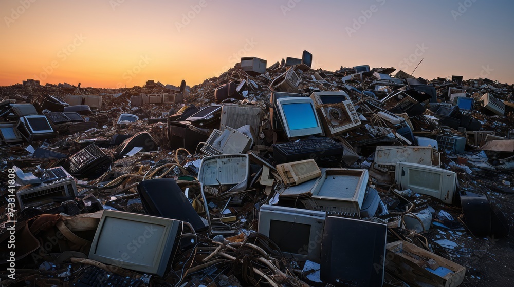 A landfill site with piles of discarded electronic waste A landfill site with piles of discarded electronic waste