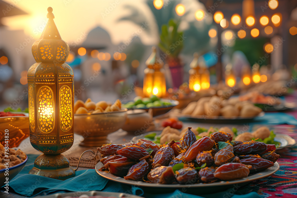 A table with traditional Middle Eastern cuisine and sweets for Ramadan iftars, marking the end of fasting. Eid Mubarak celebration with an evening meal.