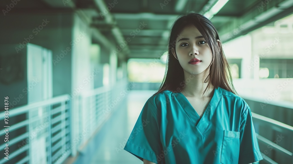A young healthcare worker in blue scrubs standing in a hospital corridor, embodying care and professionalism, suitable for healthcare and medical educational content A young healthcare worker in blue scrubs standing in a hospital corridor, embodying care and professionalism, suitable for healthcare and medical educational content