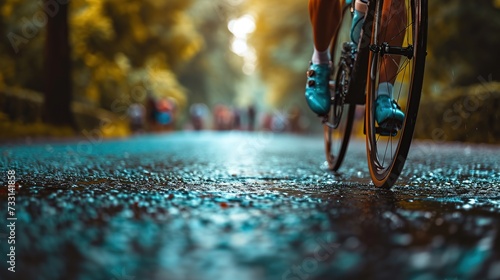 A cyclist on a wet road during a rain shower, capturing movement and endurance, suitable for sports and outdoor activity themes, with a dynamic and moody atmosphere providing an area for text