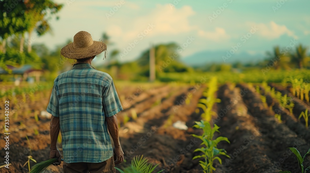 Fototapeta premium A farmer stands in a sunlit field, the image suggests themes of agriculture and sustenance, ideal for educational or promotional materials related to farming and sustainability