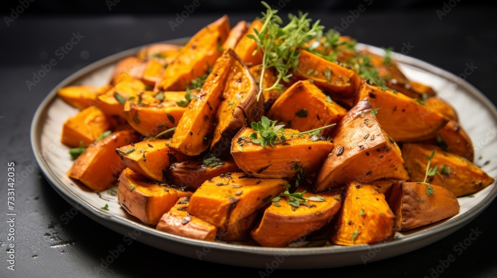 A plate of roasted sweet potatoes with a sprinkle of herbs A plate of roasted sweet potatoes with a sprinkle of herbs