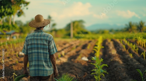 A farmer stands in a sunlit field, the image suggests themes of agriculture and sustenance, ideal for educational or promotional materials related to farming and sustainability photo