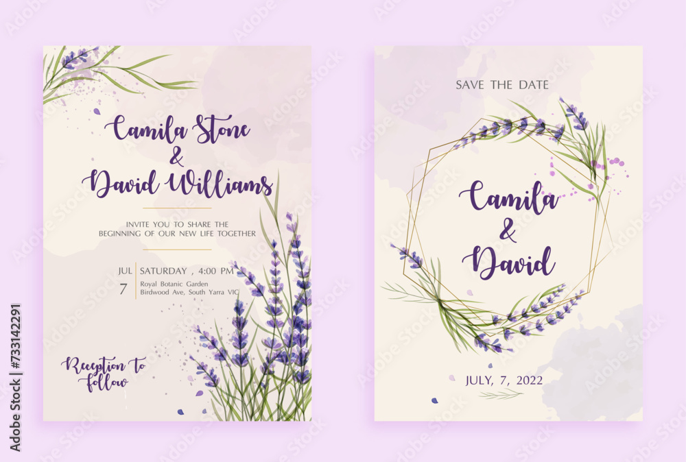 Rustic rustic wedding invitation in lavender watercolors