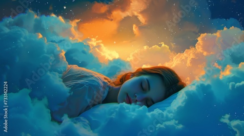 Young woman sleeping lying on a pillow made of soft clouds. Air dreams. Soft heavenly bed photo