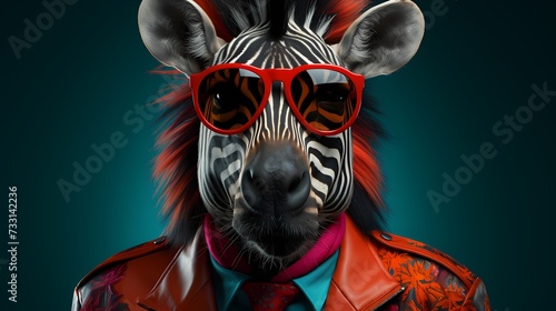 A fashionable zebra showcases its individuality in a vibrant outfit and trendy glasses. Standing against a solid background  it confidently displays its modern and bold fashion sense