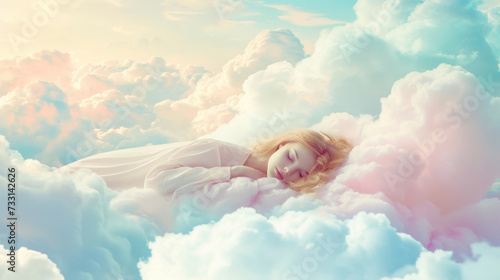 Young woman sleeping lying on a pillow made of soft clouds. Air dreams. Soft heavenly bed © Vladimir